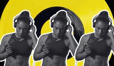 woman listening to music in headphones overlaying a vinyl record background