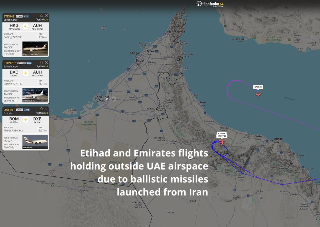 Etihad and Emirates flights holding outside UAE airspace due to ballistic missiles launched from Iran