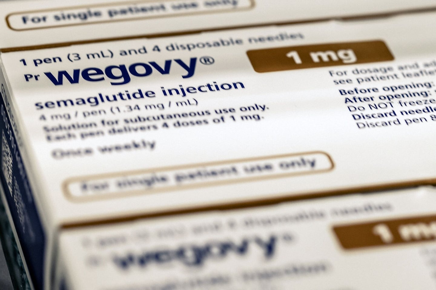 Packets of Wegovy weight loss drug manufactured by Nordisk A/S.
