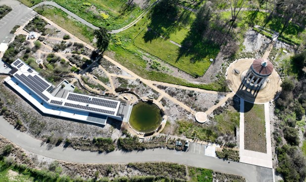 An aerial view of the Sunol Water Temple, right, in Sunol, Calif., on Thursday, Feb. 26, 2026. The San Francisco Public Utility Commission has yet to open the Alameda Creek Watershed Center more than 10 years after it was initially slated to be open. (Jane Tyska/Bay Area News Group)