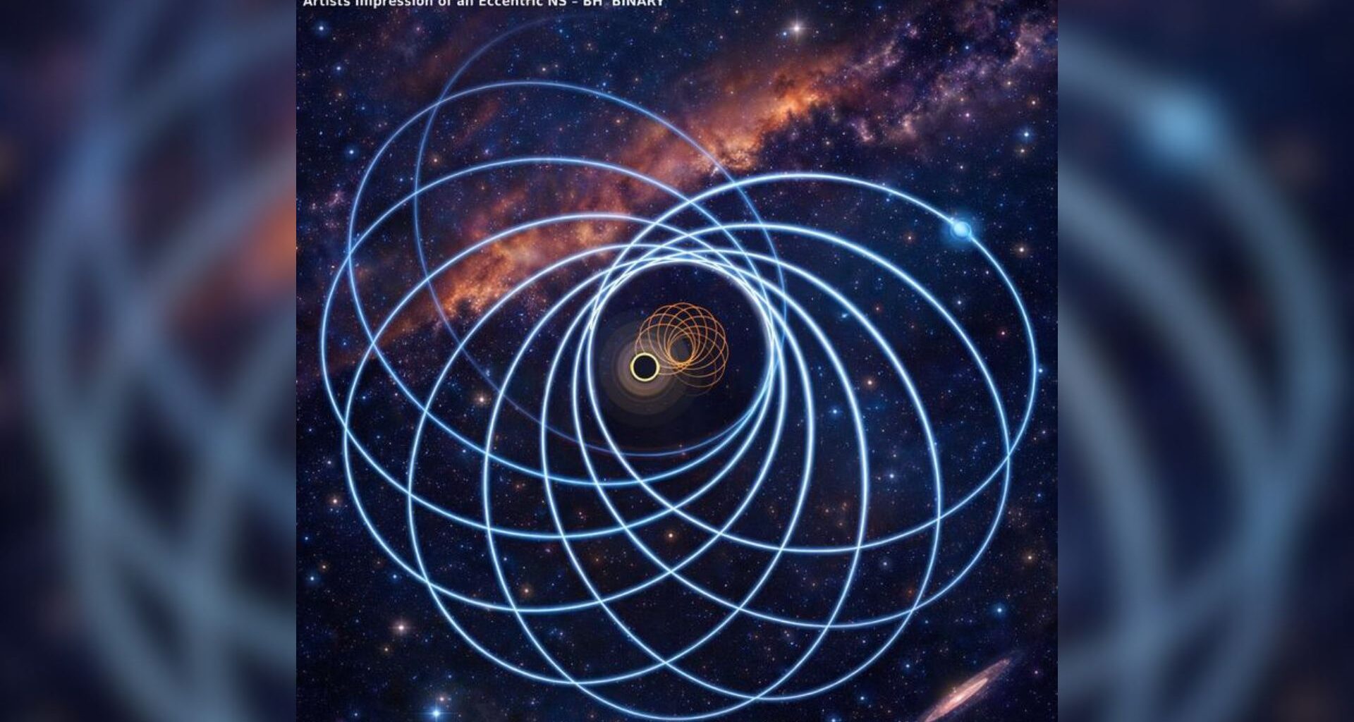 A black hole and a neutron star, both black spheres with one having an orange series of circles around them circle each other against a starry background. The neutron star&rsquo;s path is shown in blue with larger circles and the black hole&rsquo;s motion in orange as the two objects orbit each other.
