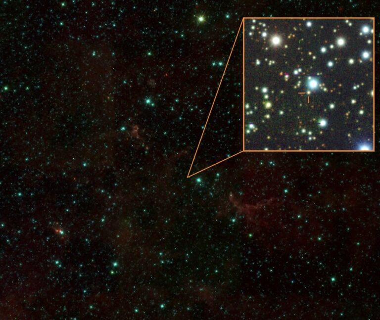 a photograph of stars on a black background, with an inset of a zoomed in section showing a bright orb against background dots of light