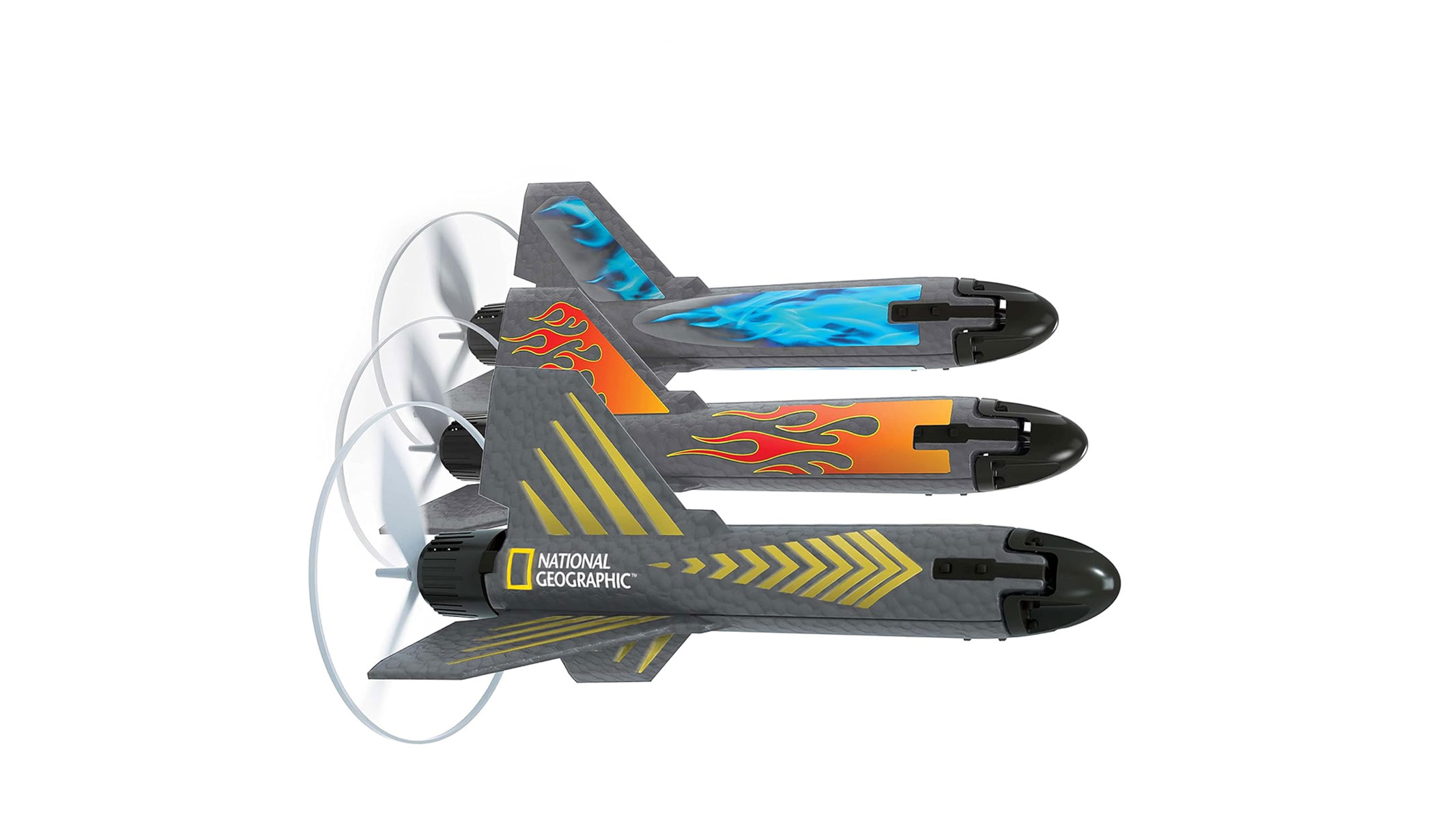 Three grey small rockets are facing to the right, each with a different colored pattern, one blue, one orange, one yellow, all with grey propellers, on a white background.