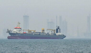 A commercial ship anchors off the coast of the United Arab Emirates due to navigation disruptions on Monday in the Strait of Hormuz, Dubai. Credit: Stringer/Anadolu via Getty Images