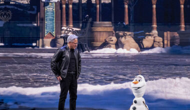 Jensen Huang, chief executive officer of Nvidia Corp., and Olaf, a robotic character from the Disney movie Frozen, during a keynote address at the Nvidia GTC conference in San Jose, California, US, on Monday, March 16, 2026. Nvidia Corp., the company at the center of an explosive build-out of AI computing, expects to generate at least $1 trillion from its Blackwell and Rubin chips through the end of 2027. Photographer: David Paul Morris/Bloomberg via Getty Images