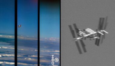 Three vertical panels show the International Space Station above clouds in the left image, with two closer, grayscale images on the right highlighting its structure against a gray background.