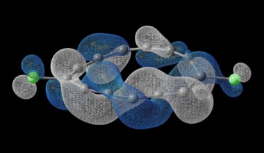 Image of a ring shaped structure, with elongated white and blue blogs twisting around it.