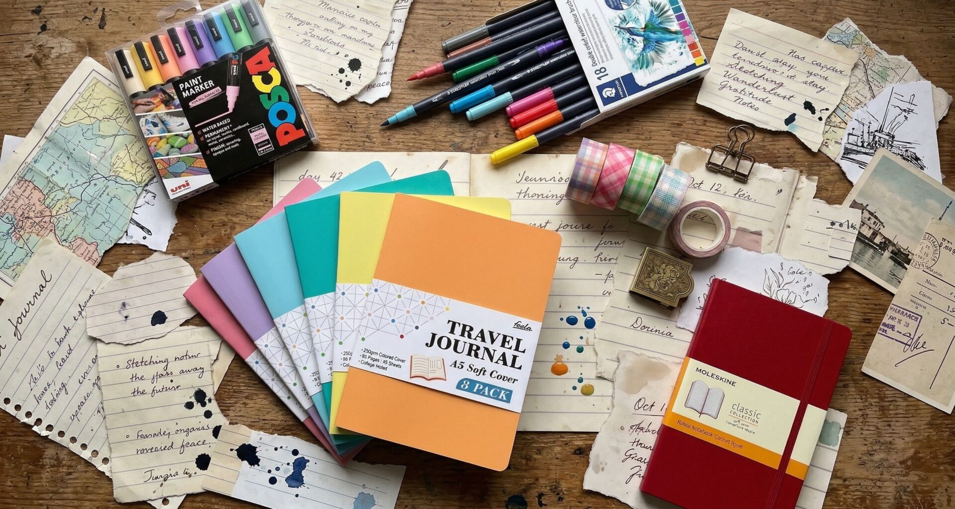 Craft journalling supplies on a desk