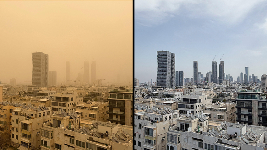 Tel Aviv during Saturday's sandstorm; Tel Aviv on Friday (Photo: REUTERS/Tyrone Siu) תל אביב, אתמול והיום