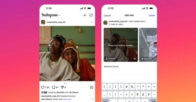 Two smartphone screens show Instagram. The left screen displays a post of two people sitting together; the right screen shows the editing interface for a multi-photo post with text entry and photo reordering.