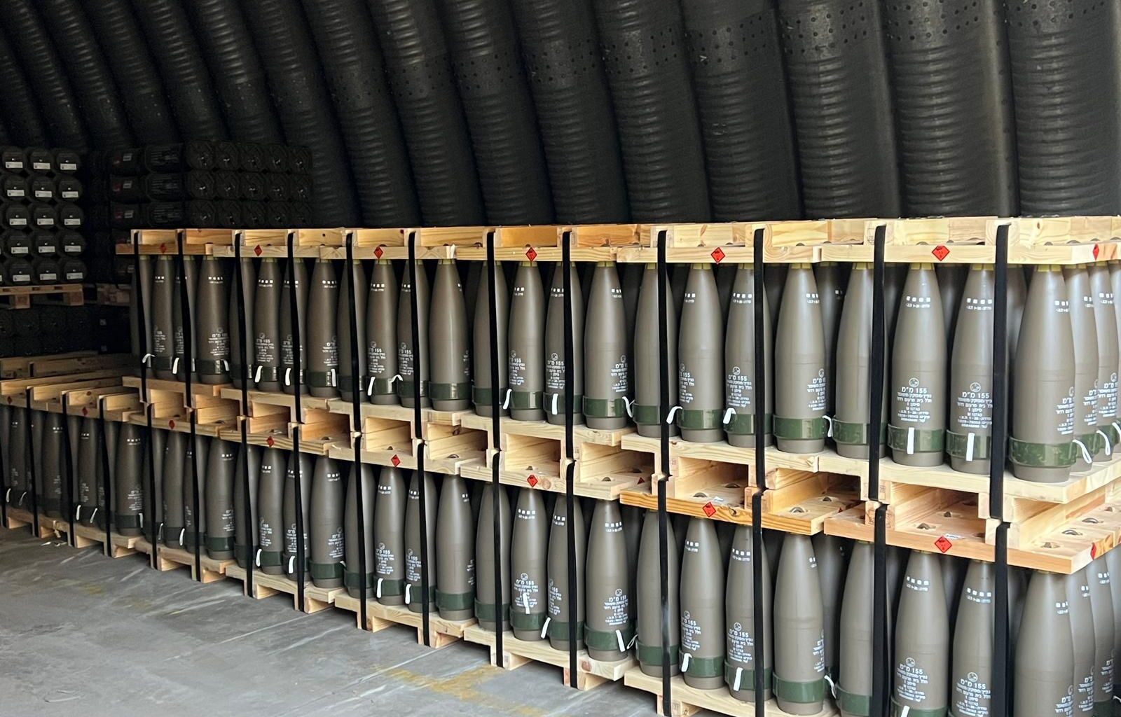 155 mm howitzer shells arranged in a bunker. The shells are produced by Elbit Systems, which has received a large contract from the Israeli MoD to support Operation Roaring Lion.