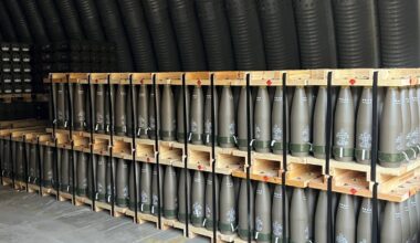 155 mm howitzer shells arranged in a bunker. The shells are produced by Elbit Systems, which has received a large contract from the Israeli MoD to support Operation Roaring Lion.