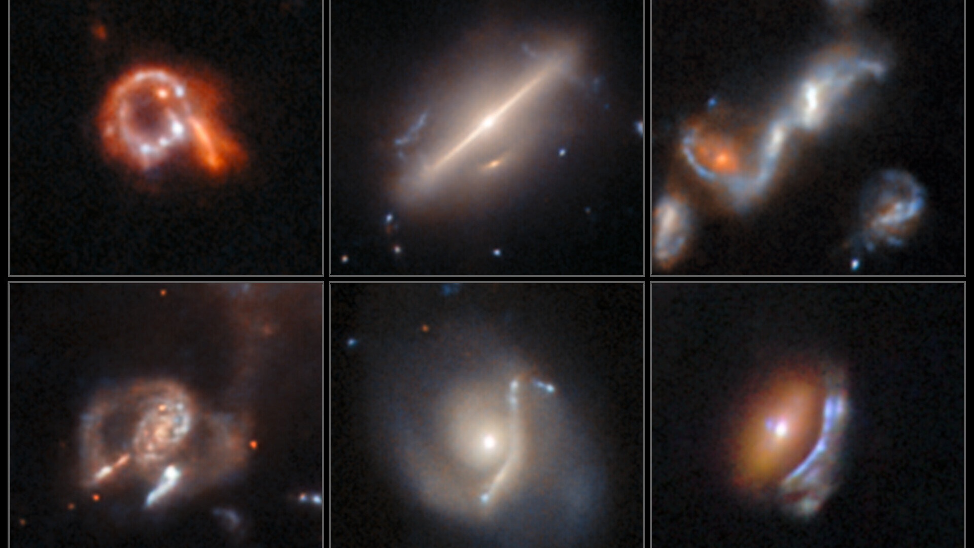 Six panels showing different objects in space. They all look like hazy blobs of light with different shapes.
