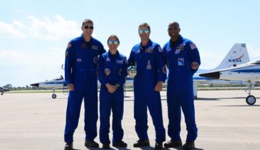 Image shows NASA's Artemis II astronauts dressed in their blue flight suit at the Launch and Landing Facility at NASA's Kennedy Space Center in Florida on Friday, March 27, 2026. Photo credit: NASA/Kim Shiflett