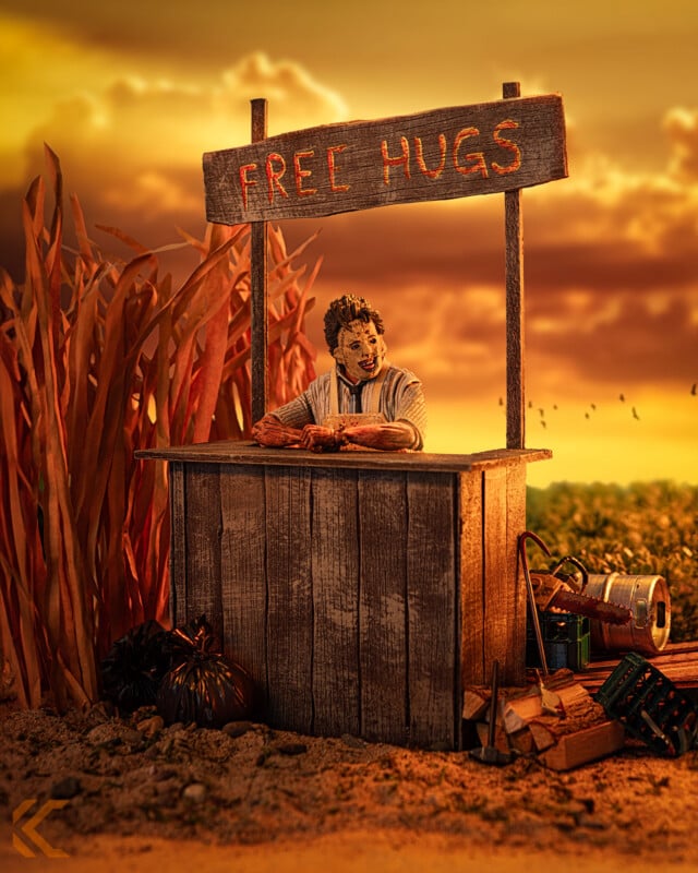 A person dressed as a horror movie character sits in a rustic wooden booth with a “FREE HUGS” sign, set in a field at sunset with dramatic clouds in the background. Debris and long grass surround the booth.