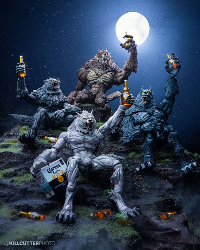 Four werewolf action figures on a grassy hill under a full moon hold bottles of Corona beer, with one holding a six-pack. Scattered bottles lie on the ground, creating a humorous party scene.