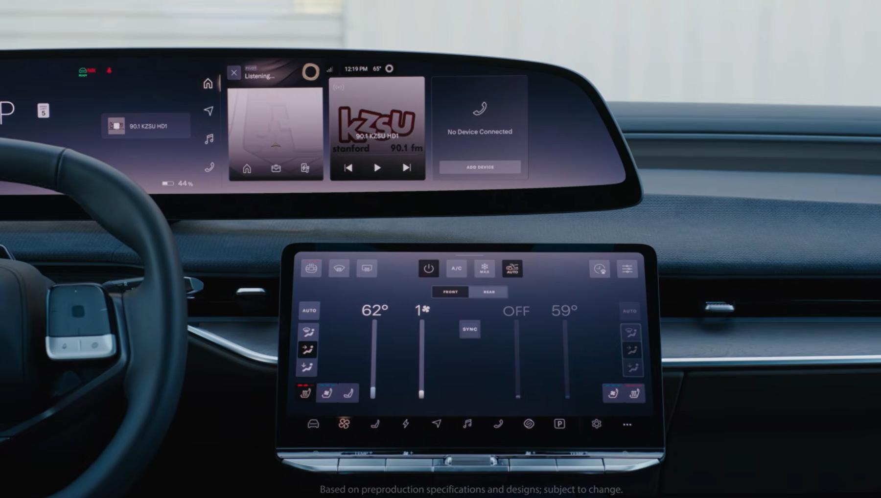A render of Lucid's upcoming midsize EV's infotainment screen with the AI assistant active