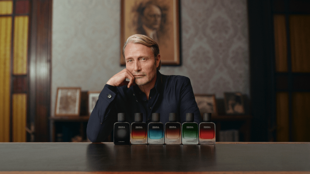 Mads Mikkelsen fronting Zegna's campaign for the "Memorie" fragrance collection.