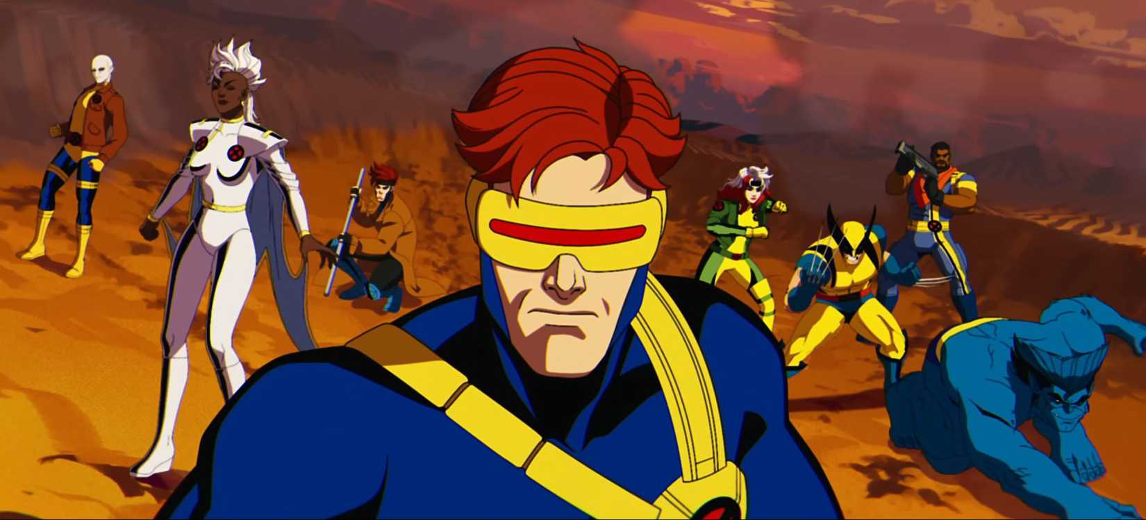A still from X-Men ’97 featuring Morph, Storm, Gambit, Rogue, Wolverine, Bishop, and Beast standing behind team leader Cyclops