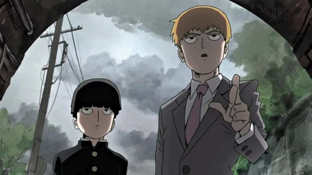 Shige and Reigen looking at something in Mob Psycho 100