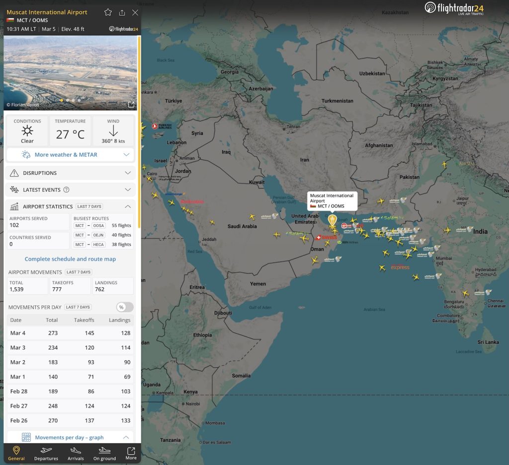 Flights to/from Muscat, Oman on 5 March at 0630 UTC