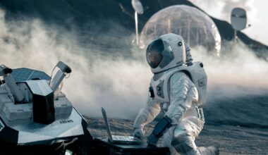 An astronaut wearing a white spacesuit kneels in front of a computer that is connected to a rover on the dusty surface of the moon with a clear circular ball behind them