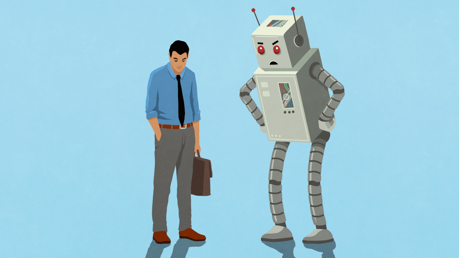 Businessman and robot looking down against blue background - stock illustration
