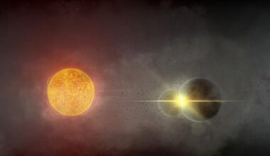 An illustration of two planets colliding to the right of a glowing ball of orange gas, their home star.
