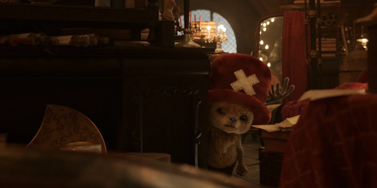 Tony Tony Chopper peaking out from his hiding place in One Piece Season 2.