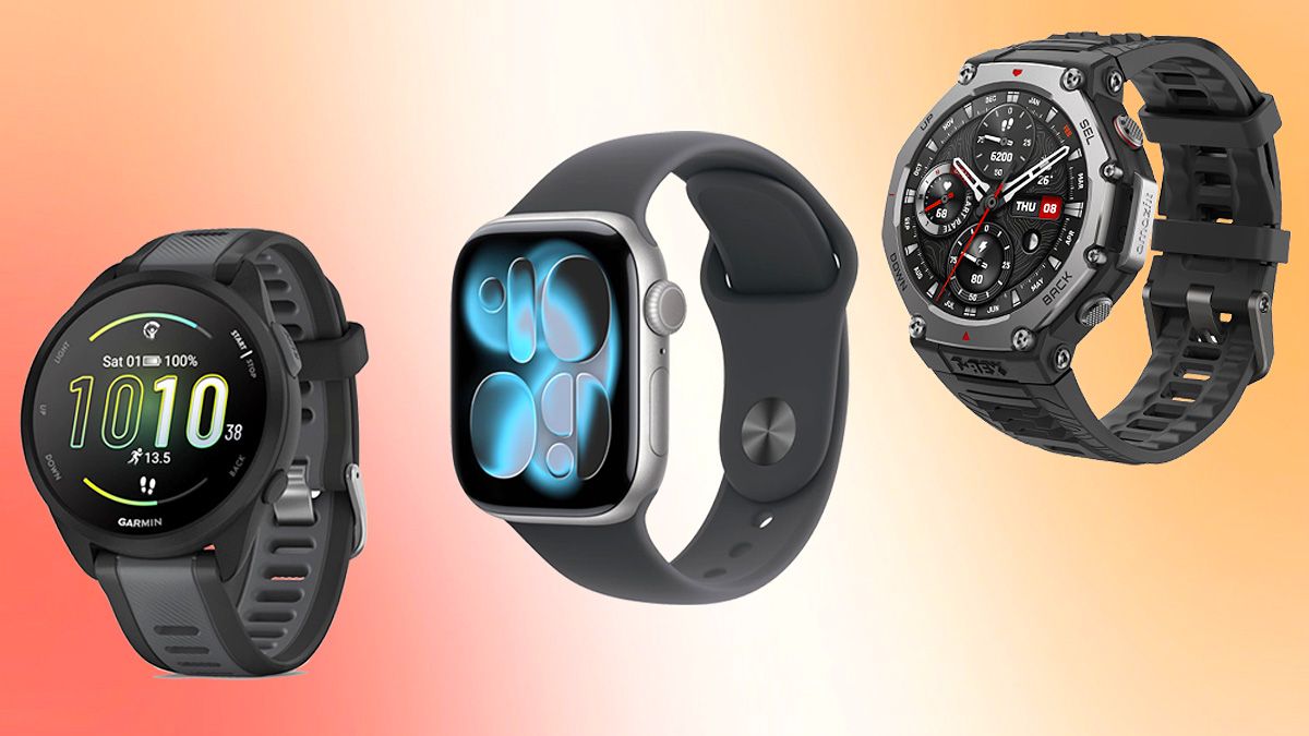 The Garmin Forerunner 165, Apple Watch Series 11 and Amazfit T-Rex 3 on a orange and red background