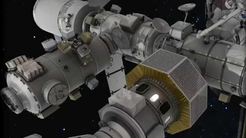 a grey space station closeup
