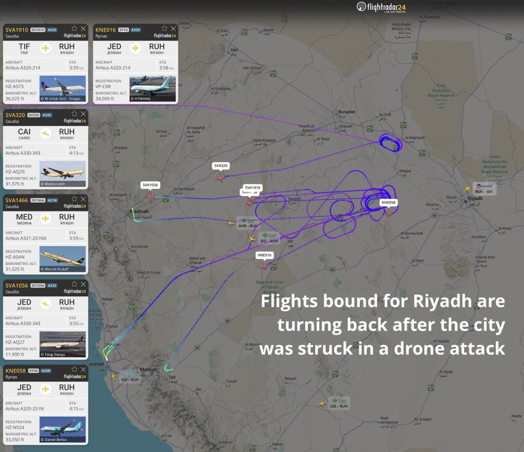 Flights bound for Riyadh are turning back after the city was struck in a drone attack