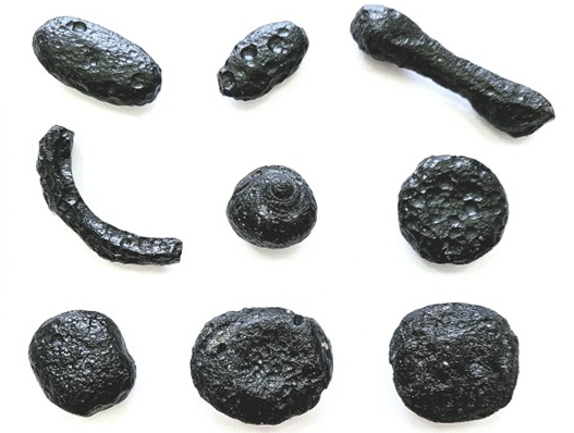 Nine black rock-like objects
