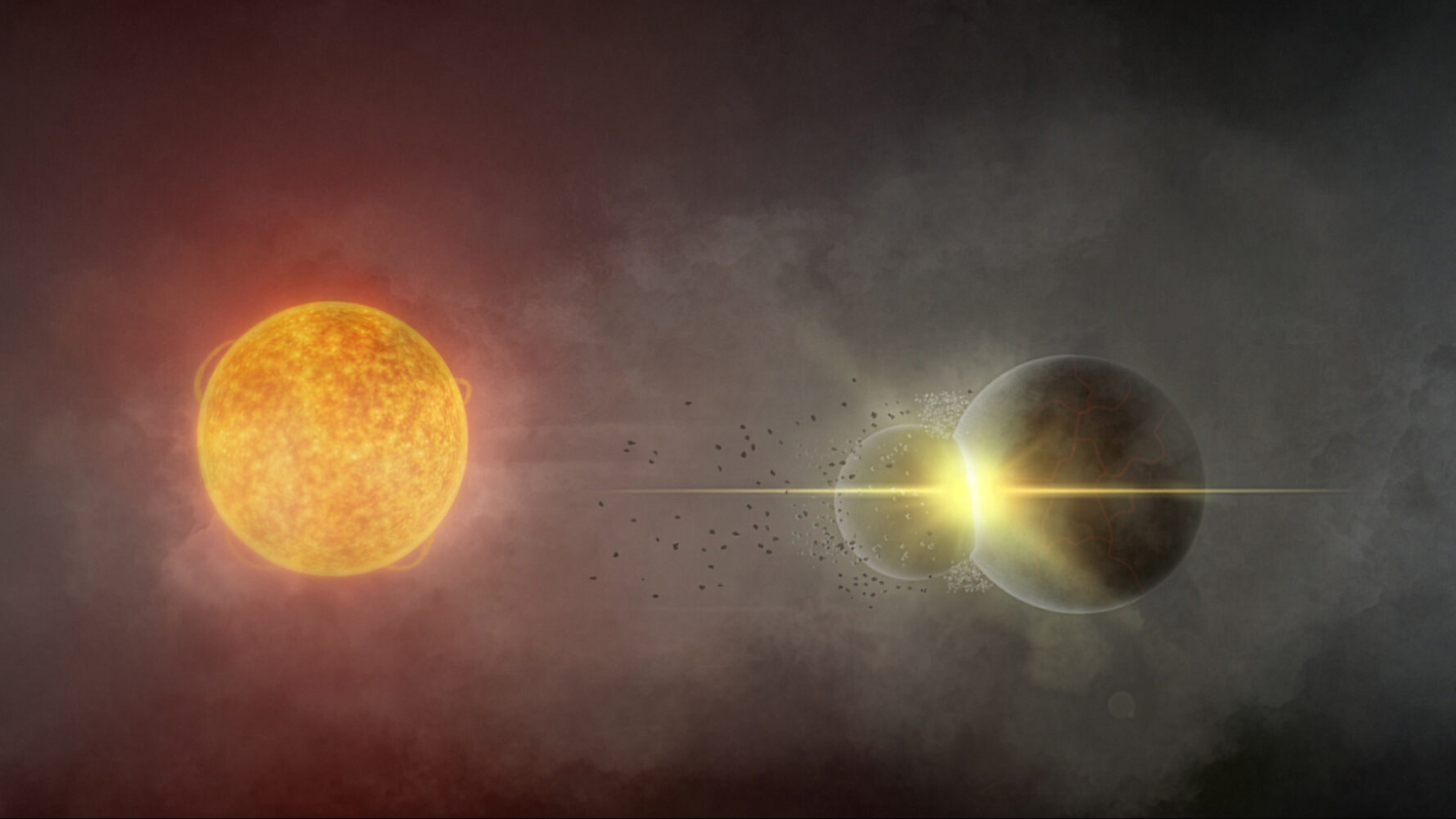 two large orbs colliding and creating a cloud of dust on a black background