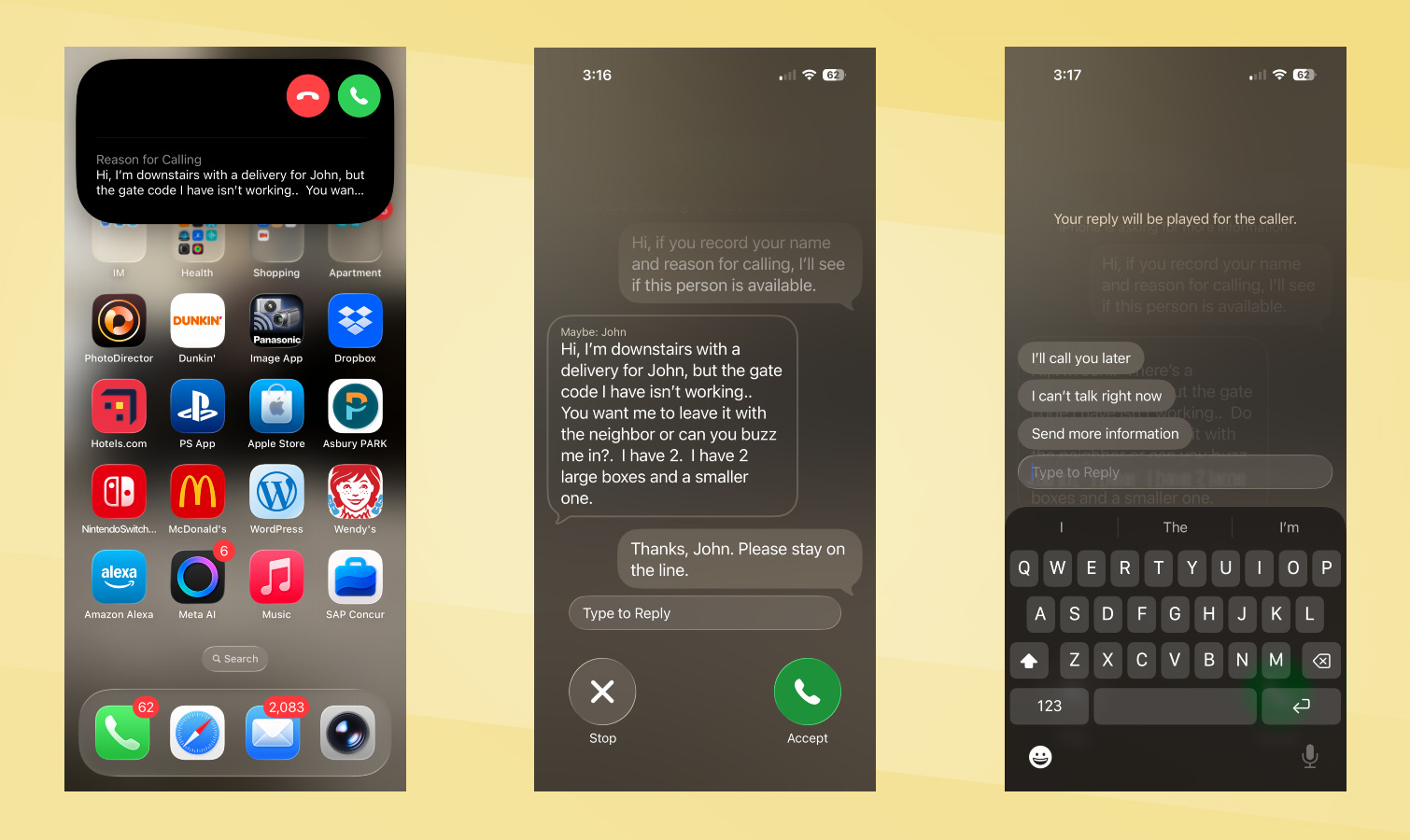 Galaxy S26 vs iPhone 17 Call Screen screenshots.