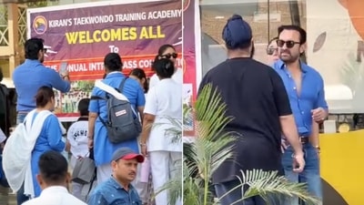 Saif Ali Khan and Kareena Kapoor at their sons Taimur and Jeh's taekwondo competition.