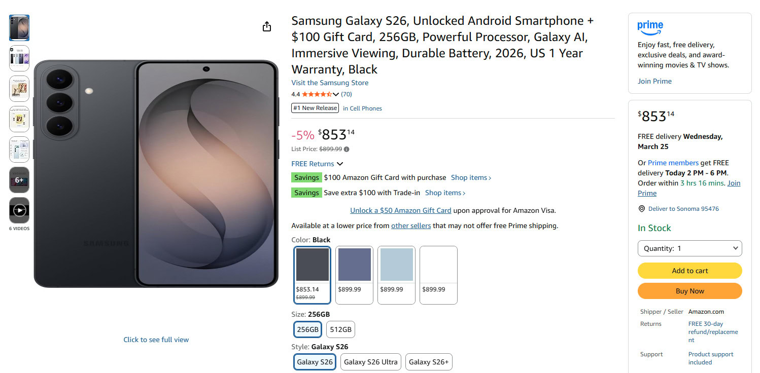 Samsung Galaxy S26 Amazon discount March 2026