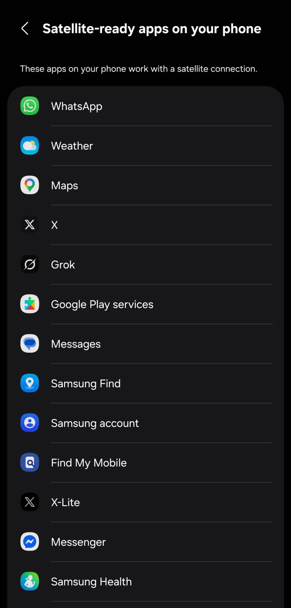 Apps that support satellite connectivity | Image by @theonecid - Samsung phones now list apps that support satellite connectivity