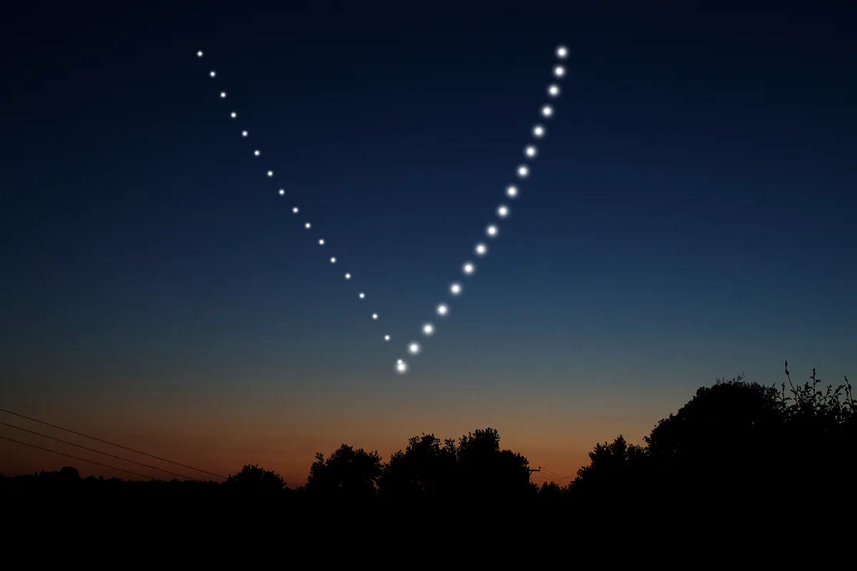 A composite image showing the build-up of the Great Conjunction of Jupiter and Saturn, 21 December 2020. Credit: Pete Lawrence