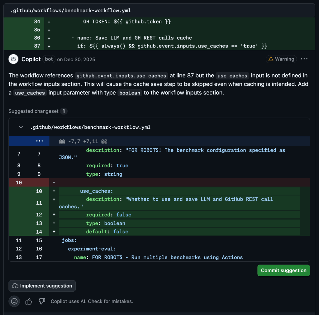 Copilot code review comment on a GitHub Actions workflow identifying a missing use_caches input parameter and suggesting a code change to add the boolean input to the workflow configuration.