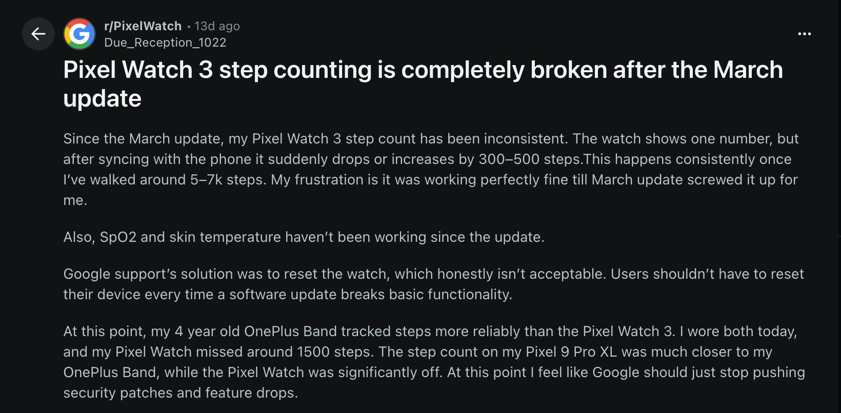 Screenshot 2026 03 23 at 2.07.28 PM Pixel Watch steps overcounting bug