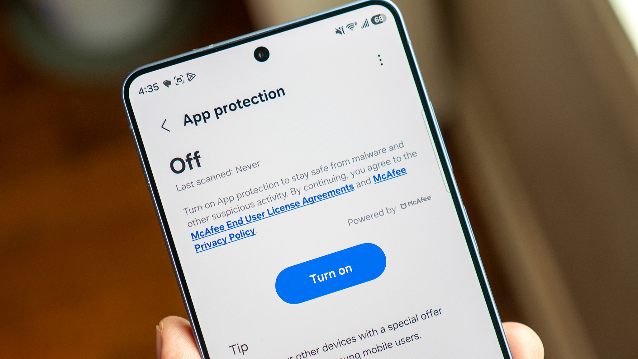 Built-in McAfee protection on a Samsung Galaxy S26 Ultra