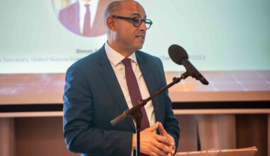 Simon Stiell, executive secretary of the U.N. Framework Convention on Climate Change, speaks during the Green Growth Summit in Brussels on Monday. Credit: Michael Chia/UNFCCC