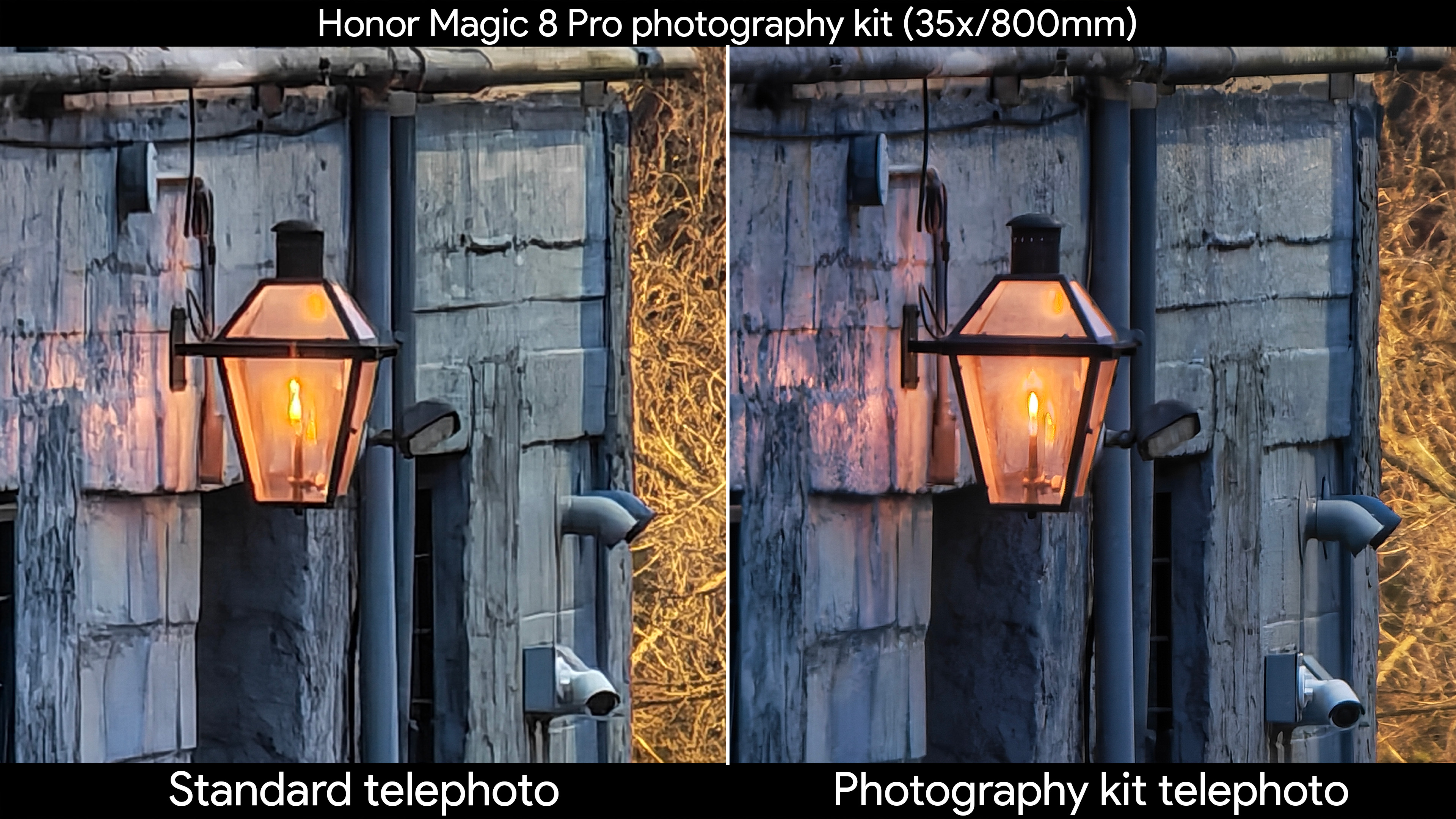 Low light shots comparing the Honor Magic 8 Pro's built-in telephoto lens with the official photography kit's telephoto extender
