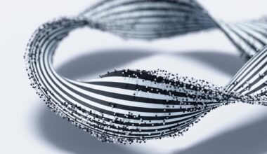 A twisted black and white striped ribbon is covered with small black and white dots against a white background