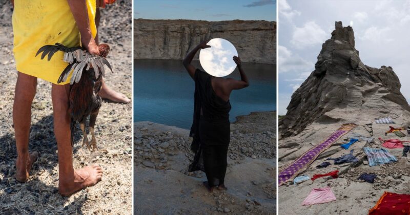 A triptych: On the left, a person in a yellow garment holds a rooster; center, a person stands by water, holding a round mirror reflecting the sky; right, colorful clothes are laid out on rocky ground beneath a large rock formation.