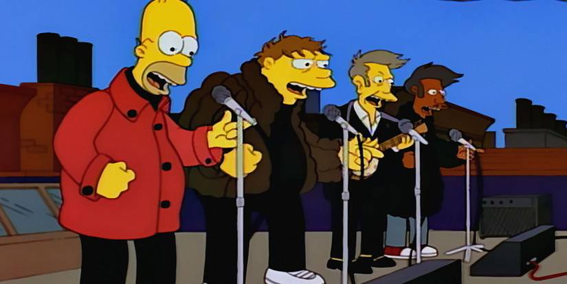 Homer, Barney, Skinner, and Apu sing as The Be Sharps mimicking the Beatles in "Homer's Barbershop Quartet."