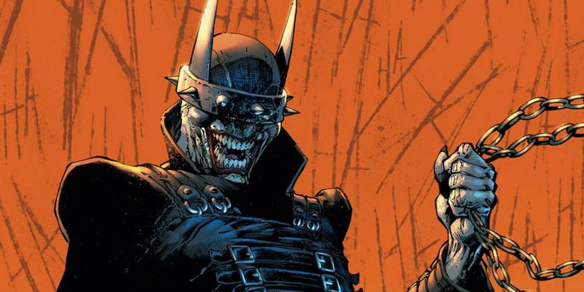 Comic book art: The Batman Who Laughs holds chains in DC comics