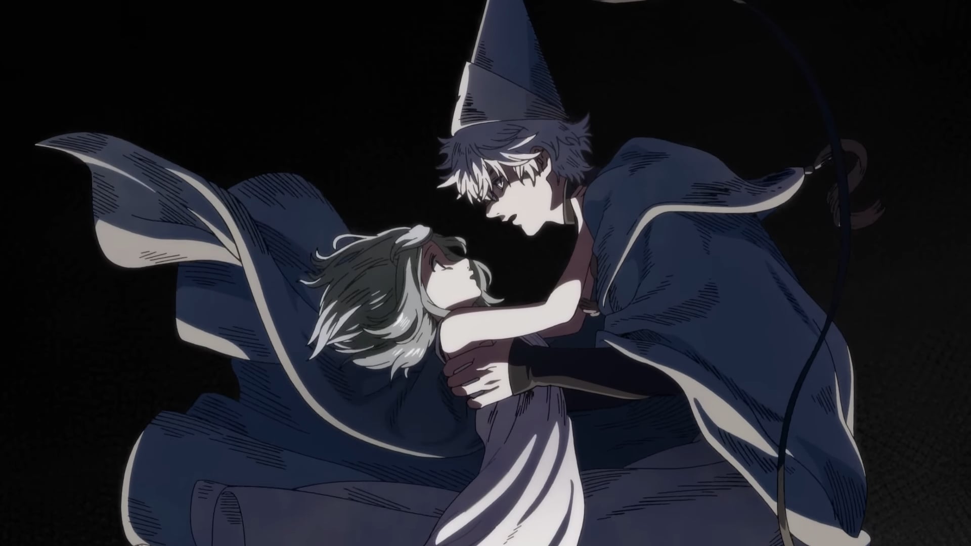 Witch Hat Atelier still of Qifrey holding Coco. 