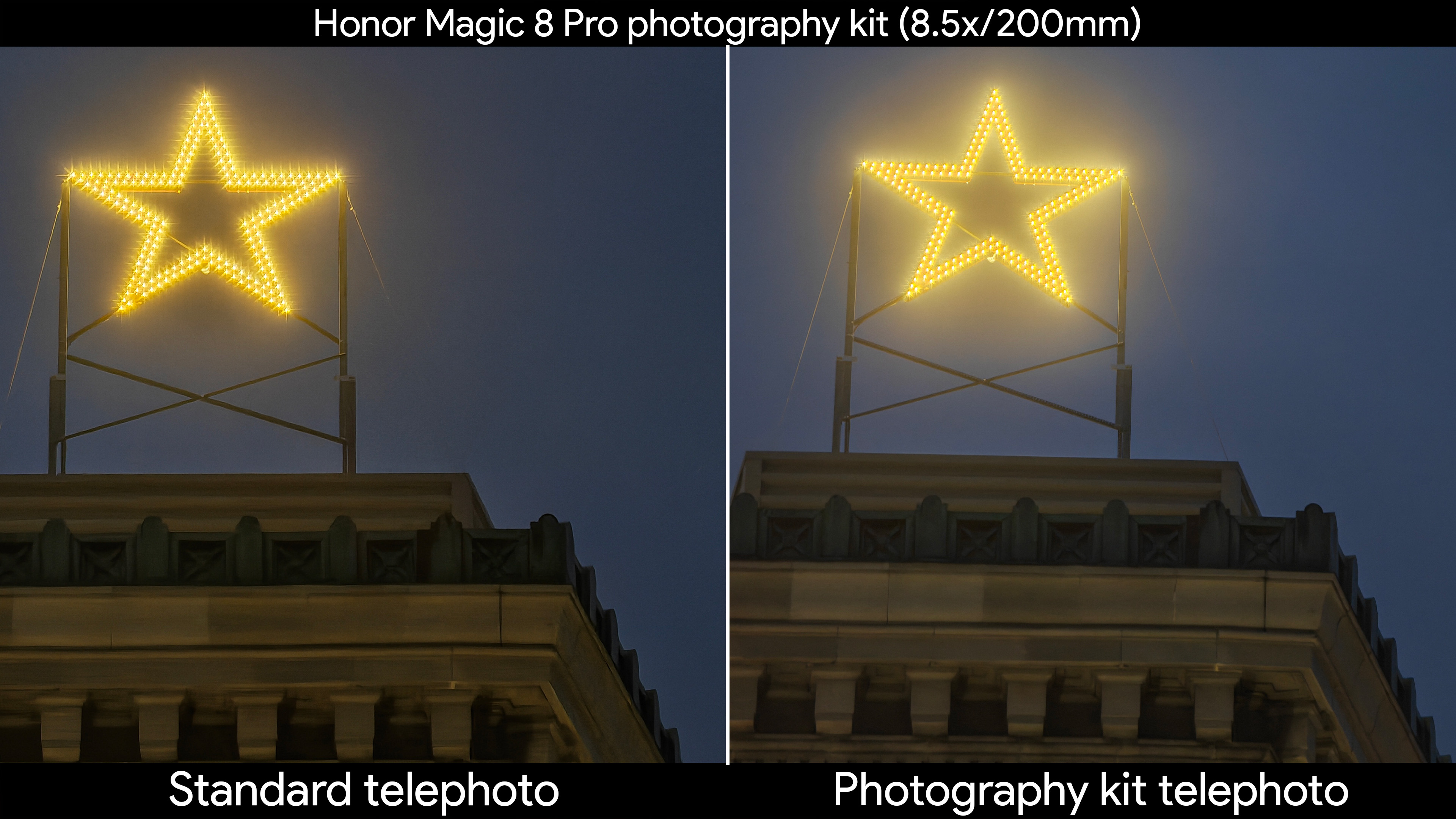 Low light shots comparing the Honor Magic 8 Pro's built-in telephoto lens with the official photography kit's telephoto extender